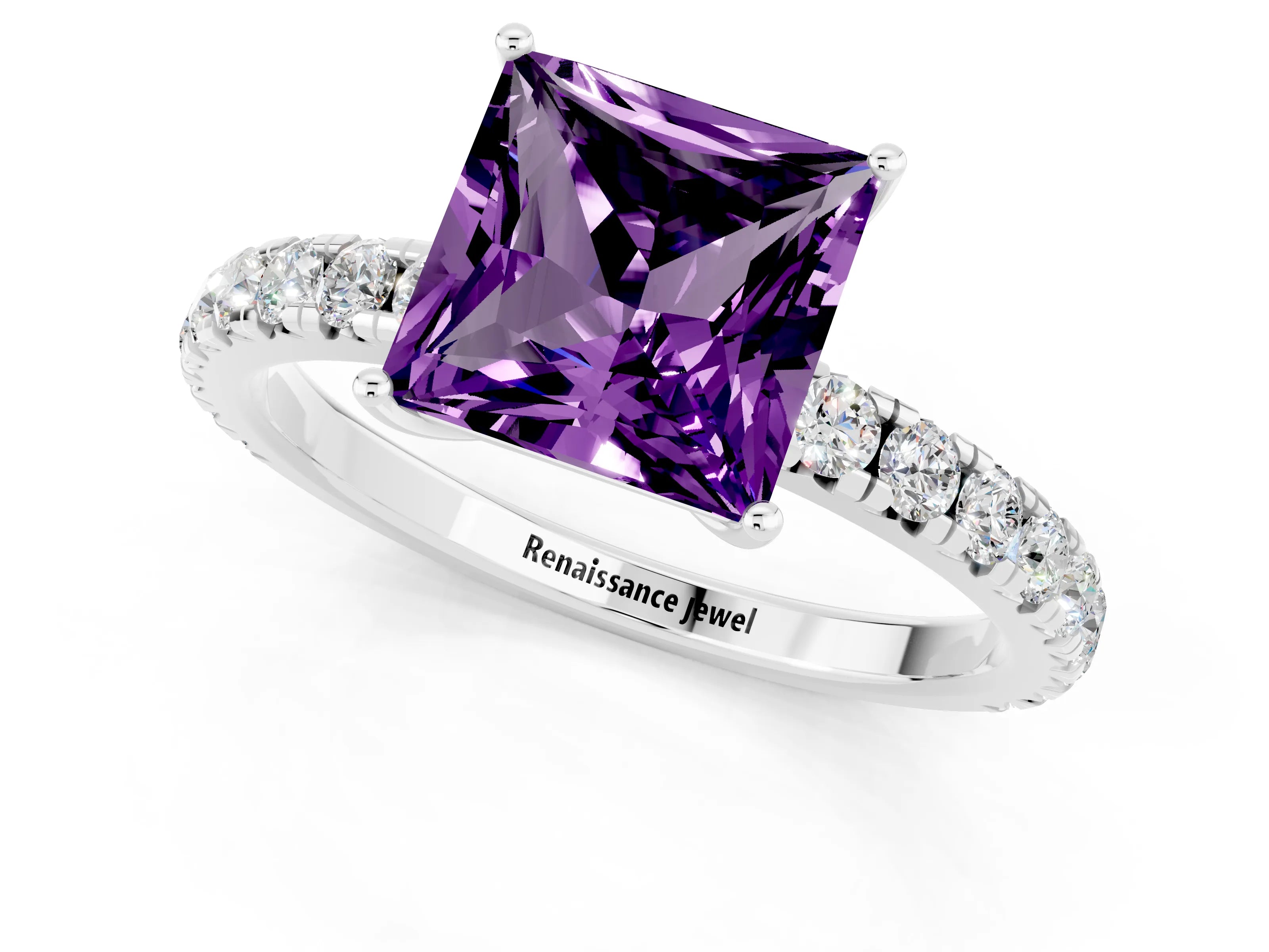 White gold Princess Cut Amethyst Pavé Solitaire Engagement Ring with Four-Prong Setting_13