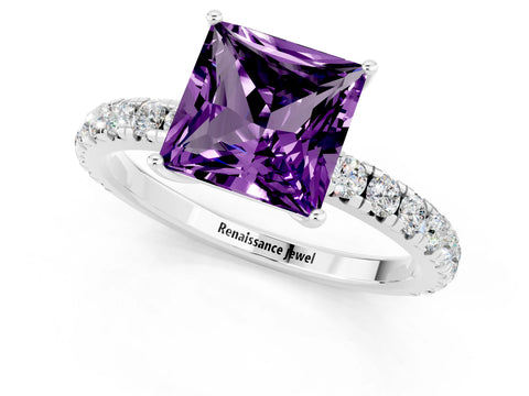 White gold Princess Cut Amethyst Pavé Solitaire Engagement Ring with Four-Prong Setting_13