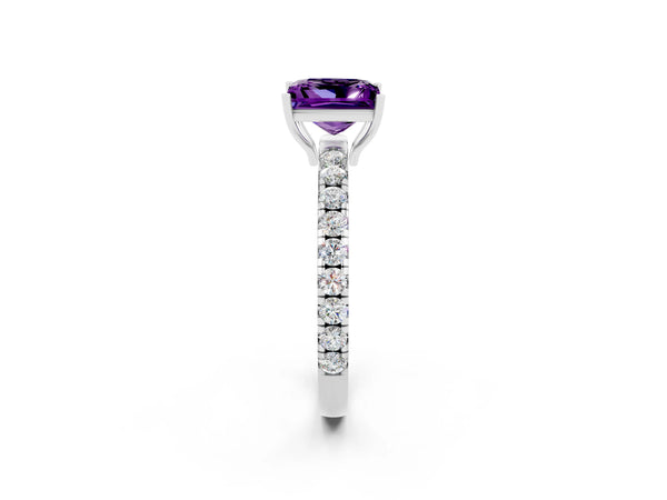 Platinum Princess Cut Amethyst Pavé Solitaire Engagement Ring with Four-Prong Setting