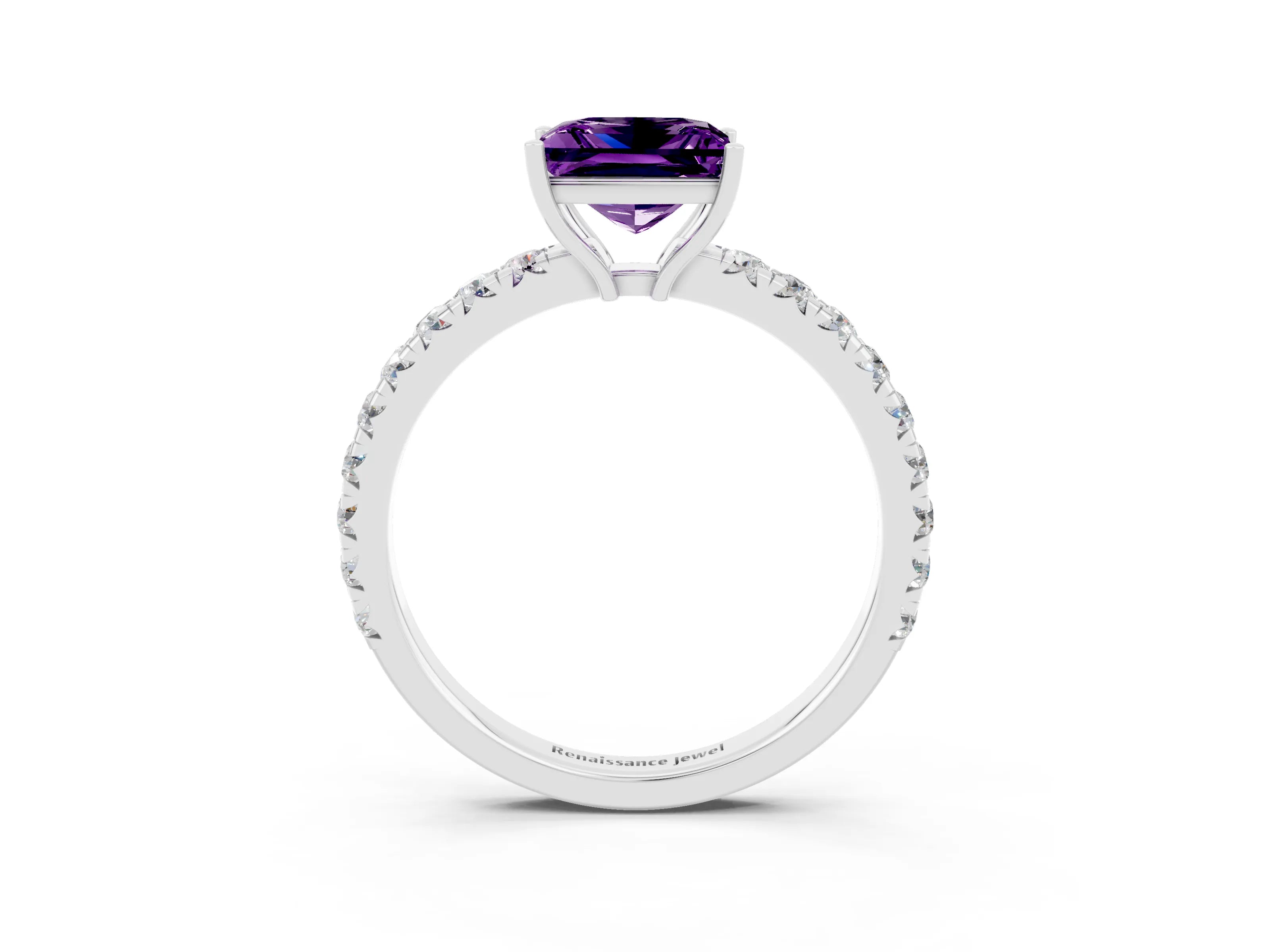 White gold Princess Cut Amethyst Pavé Solitaire Engagement Ring with Four-Prong Setting_15