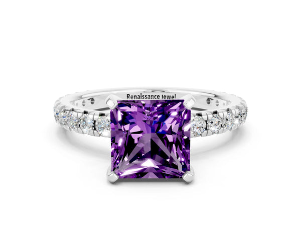 Platinum Princess Cut Amethyst Pavé Solitaire Ring with Round Band and Prong Setting