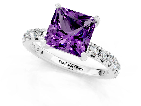 Platinum Princess Cut Amethyst Pavé Solitaire Ring with Round Band and Prong Setting