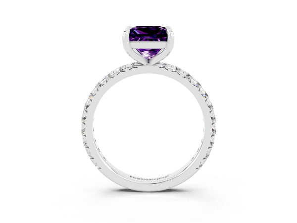 Platinum Princess Cut Amethyst Pavé Solitaire Ring with Round Band and Prong Setting