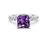 White gold Princess Cut Amethyst Pavé Solitaire Ring with Round Band and Prong Setting_36