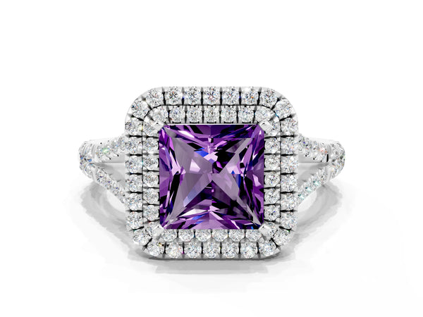 Platinum Princess Cut Amethyst Pavé Split Shank Double Halo Engagement Ring