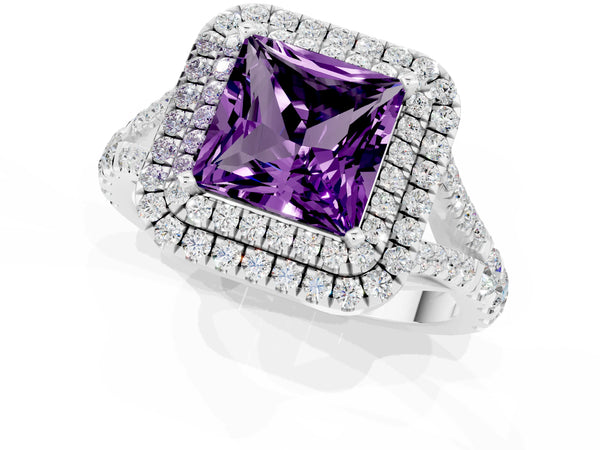 Platinum Princess Cut Amethyst Pavé Split Shank Double Halo Engagement Ring