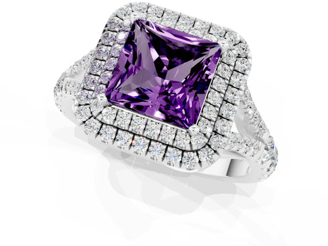 White gold Princess Cut Amethyst Pavé Split Shank Double Halo Engagement Ring_1