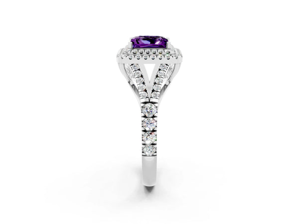 White gold Princess Cut Amethyst Pavé Split Shank Double Halo Engagement Ring