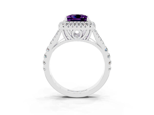 White gold Princess Cut Amethyst Pavé Split Shank Double Halo Engagement Ring