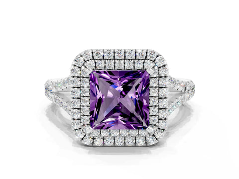 White gold Princess Cut Amethyst Pavé Split Shank Double Halo Engagement Ring