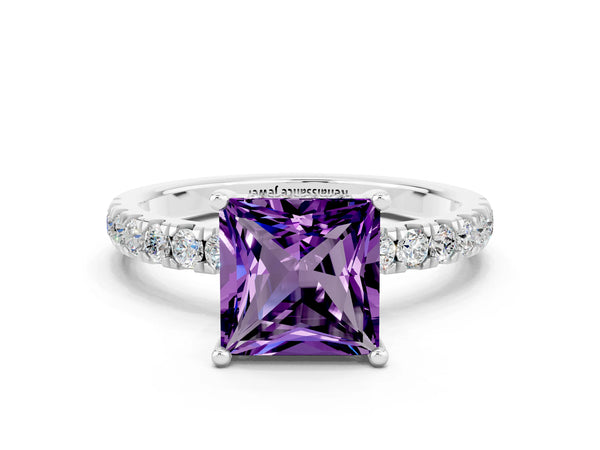 Silver Princess Cut Amethyst Pave Band Solitaire Ring with Four-Prong Setting