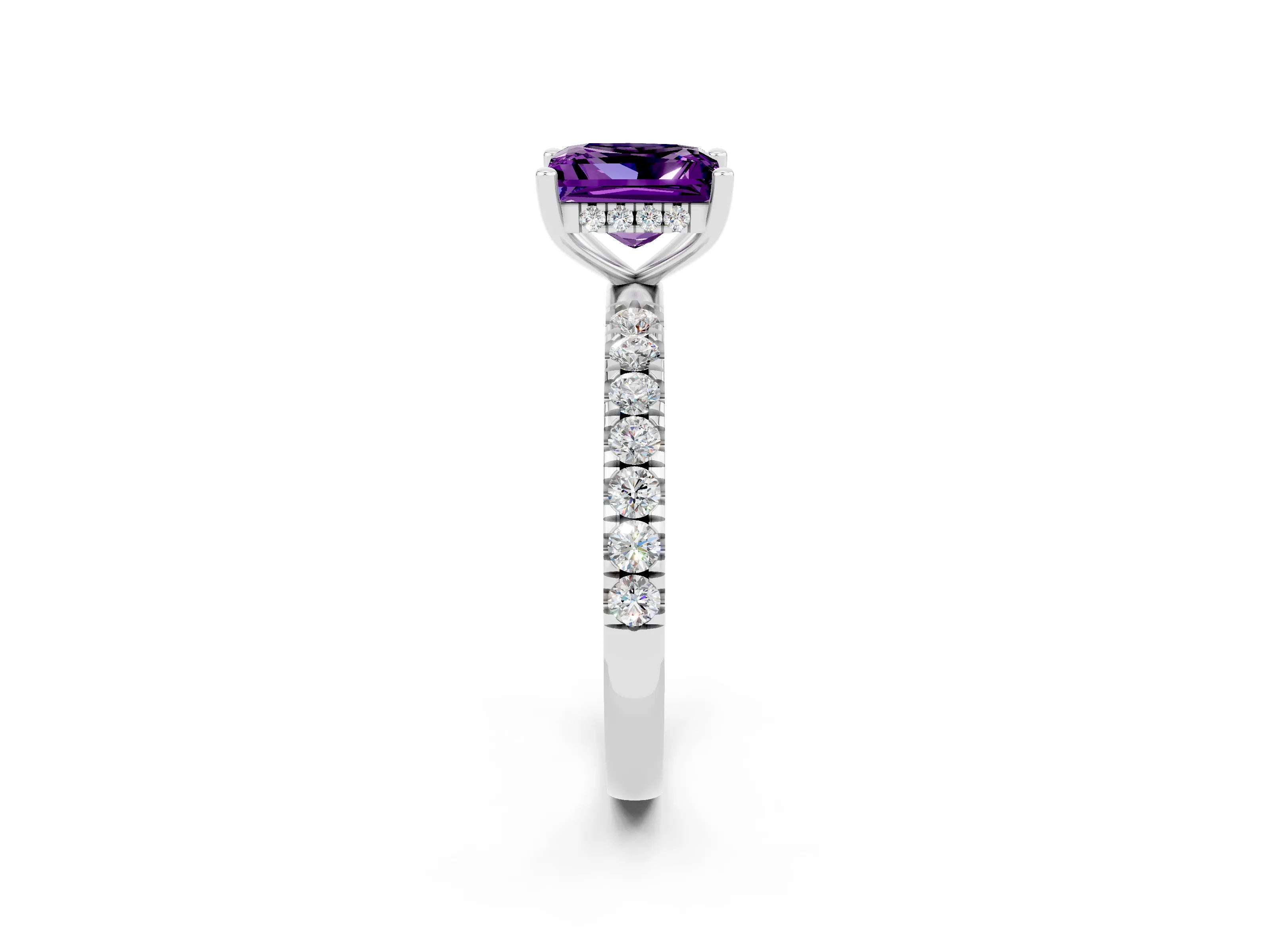 White gold Princess Cut Amethyst Pave Band Solitaire Ring with Four-Prong Setting_26