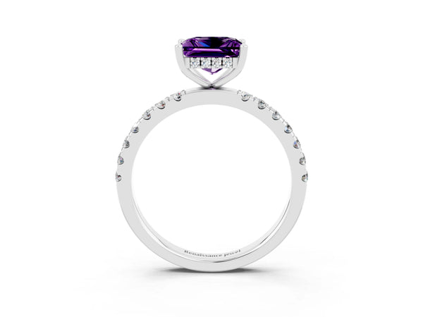 Silver Princess Cut Amethyst Pave Band Solitaire Ring with Four-Prong Setting