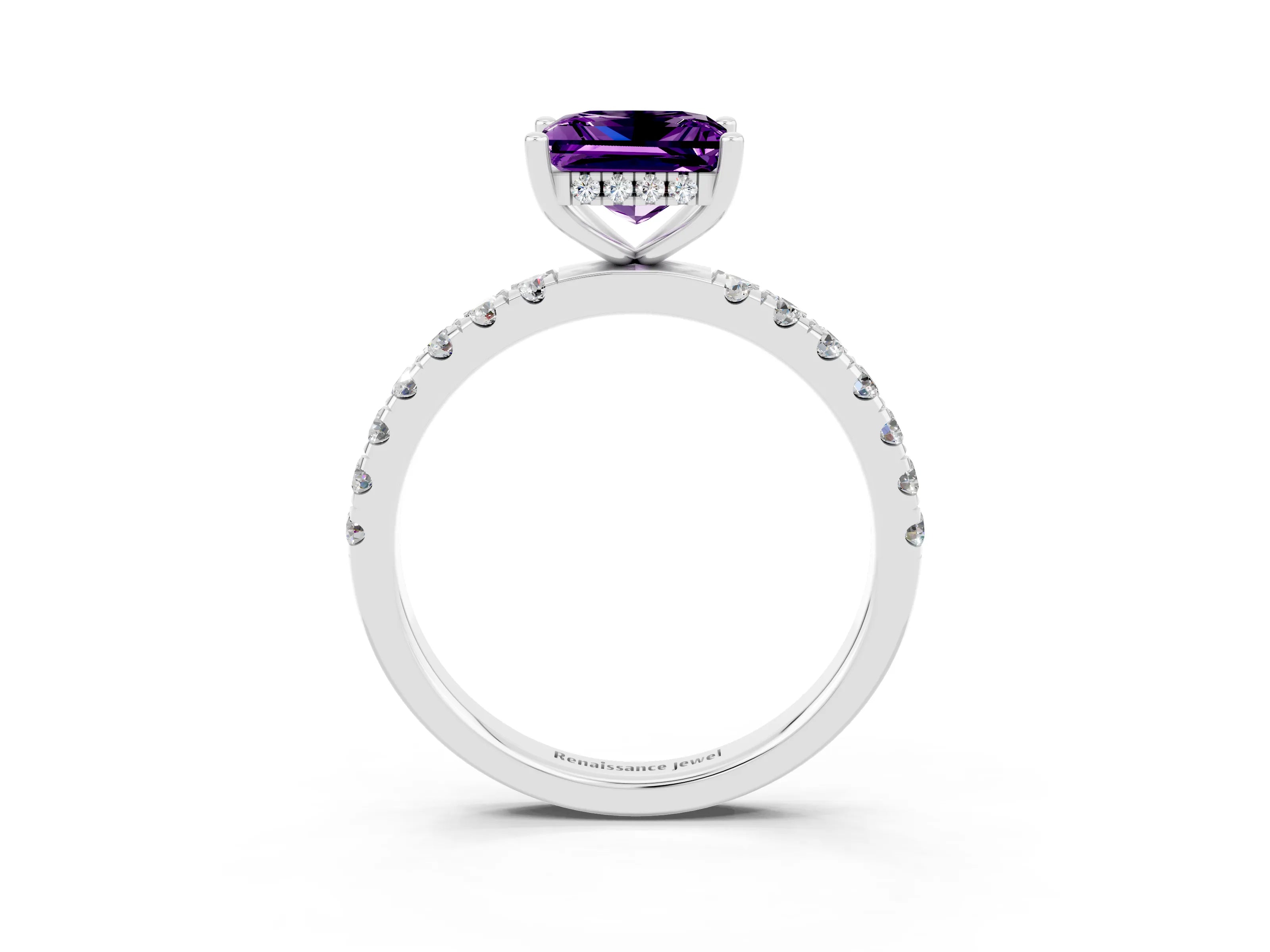 White gold Princess Cut Amethyst Pave Band Solitaire Ring with Four-Prong Setting_27