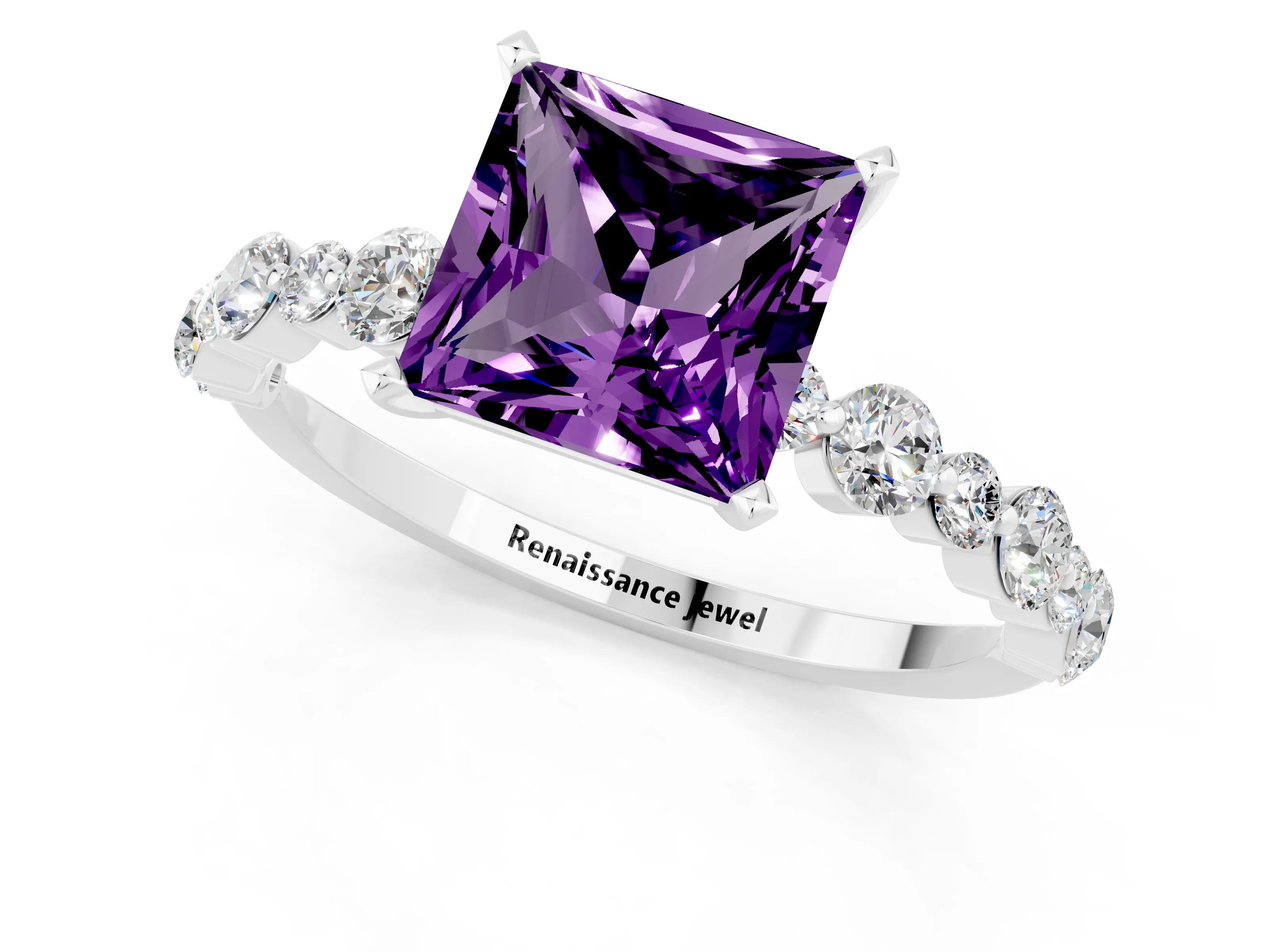 White gold Princess Cut Amethyst Prong Set Engagement Ring with Pavé Band_1