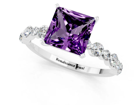 White gold Princess Cut Amethyst Prong Set Engagement Ring with Pavé Band_1