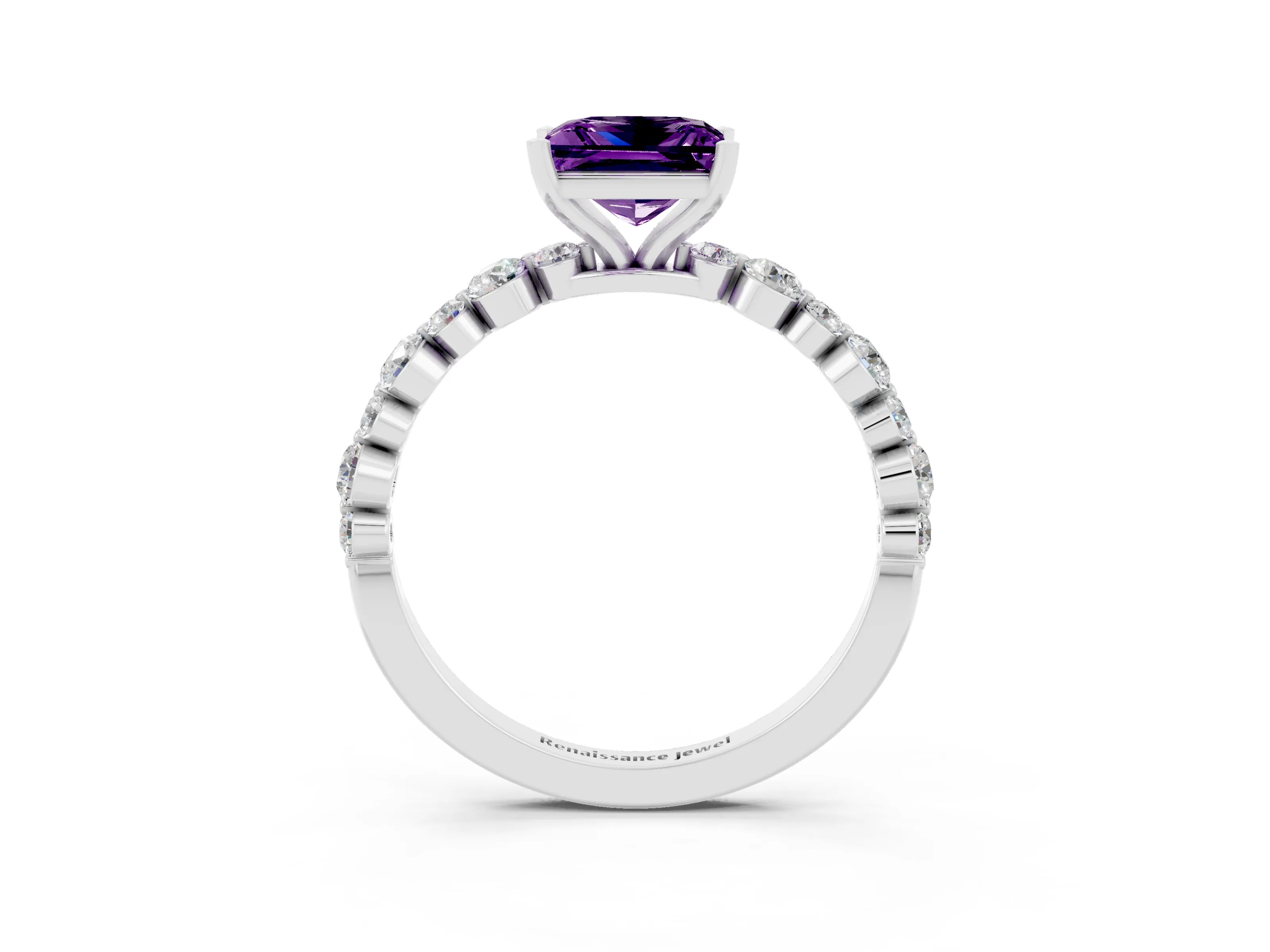 White gold Princess Cut Amethyst Prong Set Engagement Ring with Pavé Band_3