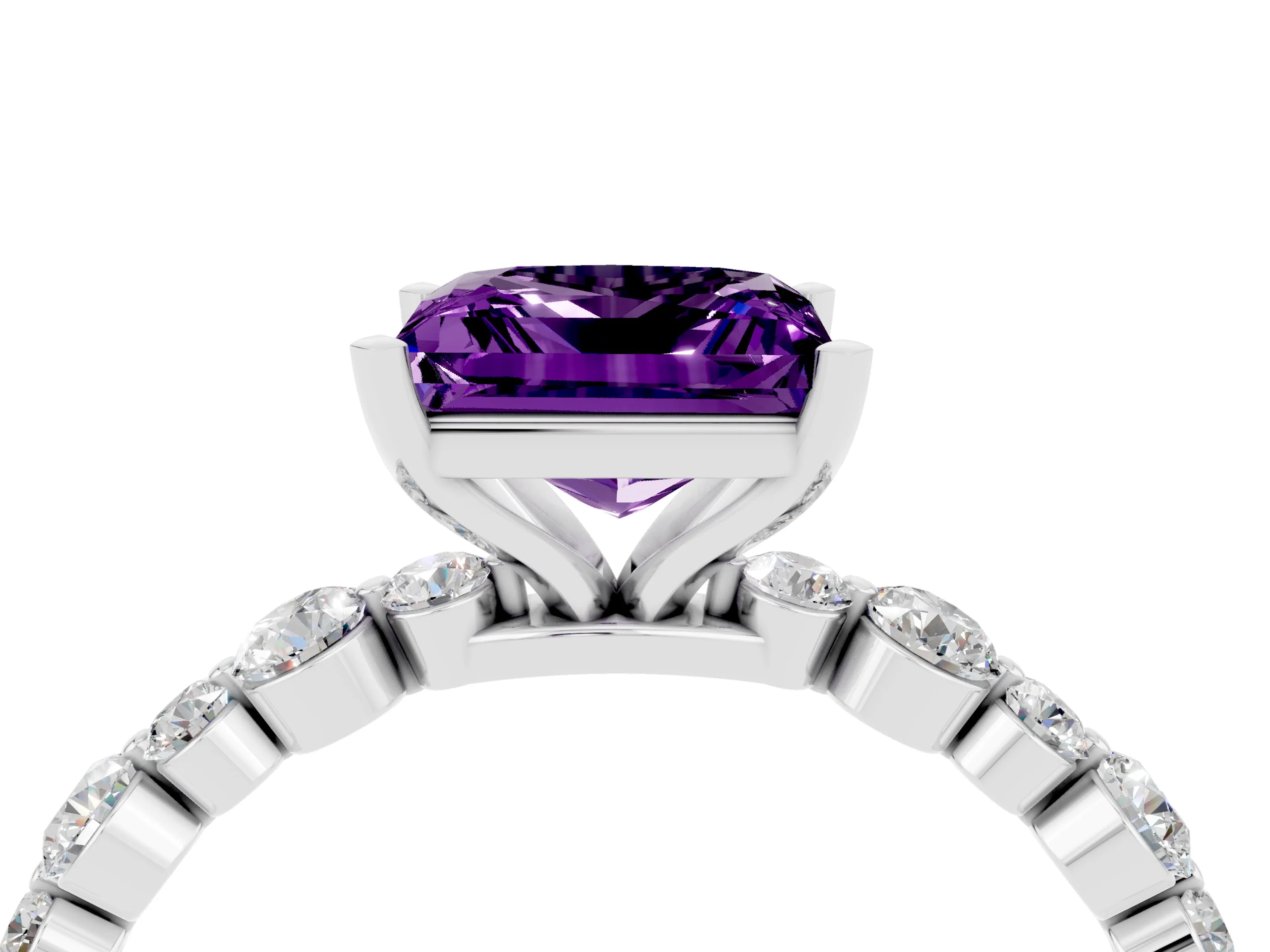White gold Princess Cut Amethyst Prong Set Engagement Ring with Pavé Band_4