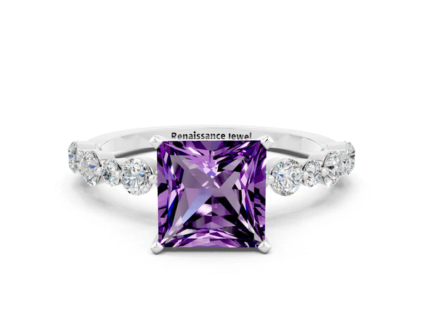 Silver Princess Cut Amethyst Prong Set Engagement Ring with Pavé Band
