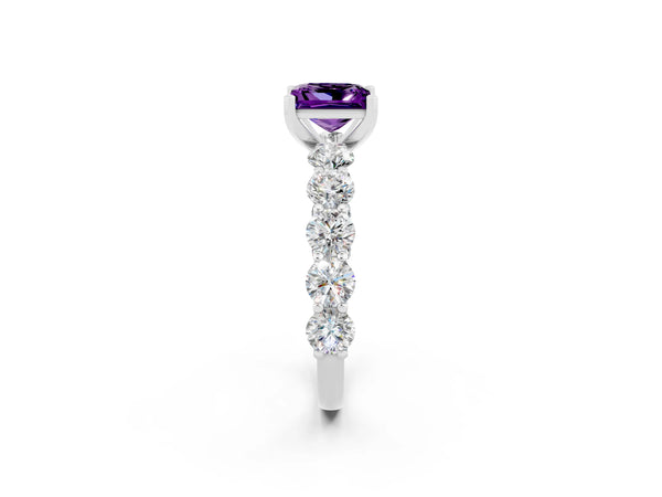Platinum Princess Cut Amethyst Prong Setting with Side Stones on a Pave Band