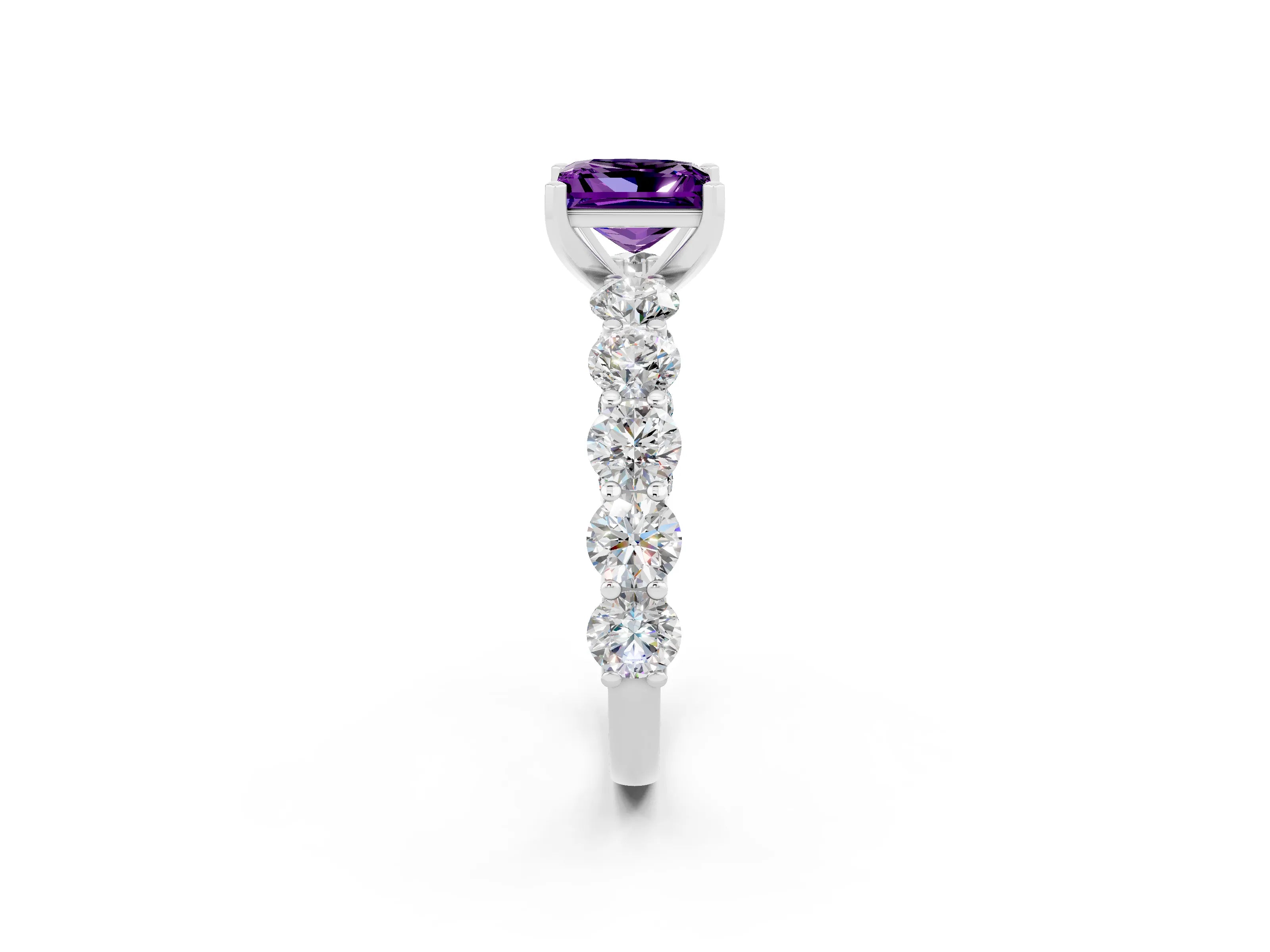 White gold Princess Cut Amethyst Prong Setting with Side Stones on a Pave Band_2