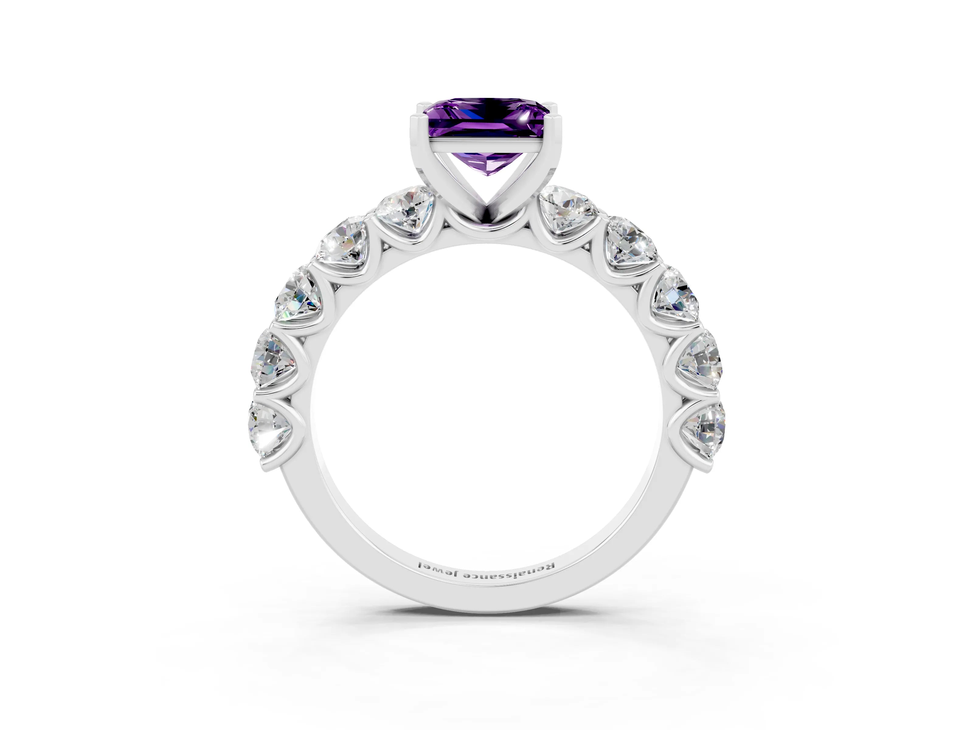 White gold Princess Cut Amethyst Prong Setting with Side Stones on a Pave Band_3