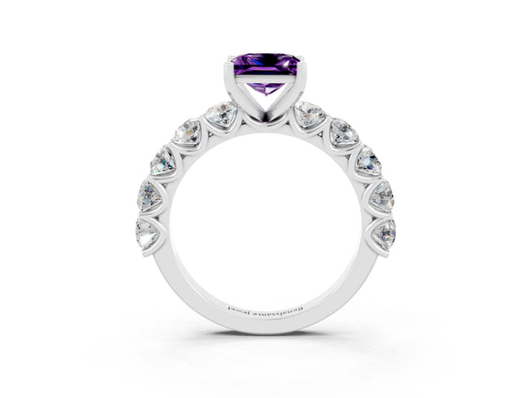 Silver Princess Cut Amethyst Prong Setting with Side Stones on a Pave Band