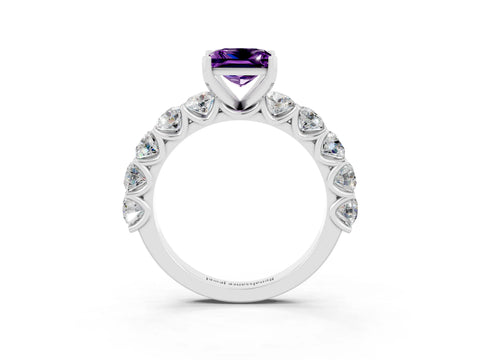 White gold Princess Cut Amethyst Prong Setting with Side Stones on a Pave Band_3