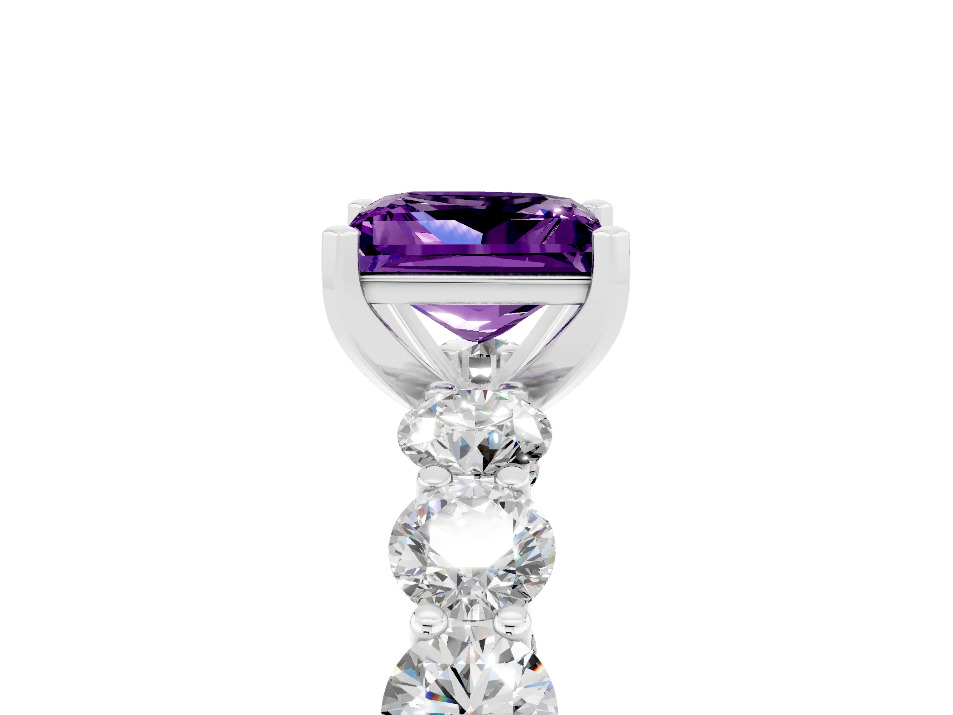 White gold Princess Cut Amethyst Prong Setting with Side Stones on a Pave Band_5