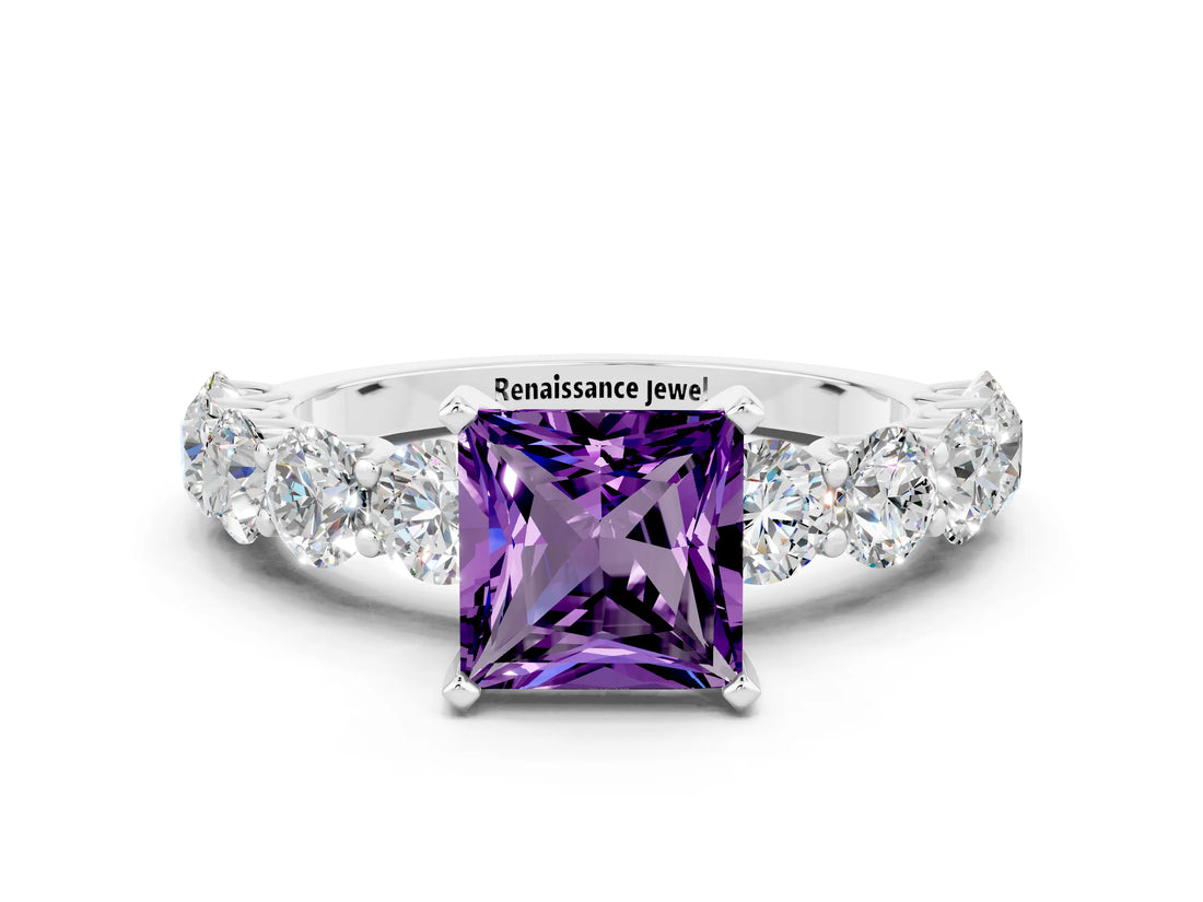 White gold Princess Cut Amethyst Prong Setting with Side Stones on a Pave Band