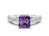 White gold Princess Cut Amethyst Prong Setting with Side Stones on a Pave Band