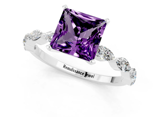 White gold Princess Cut Amethyst Ring with Marquise Side Stones and Prong Setting