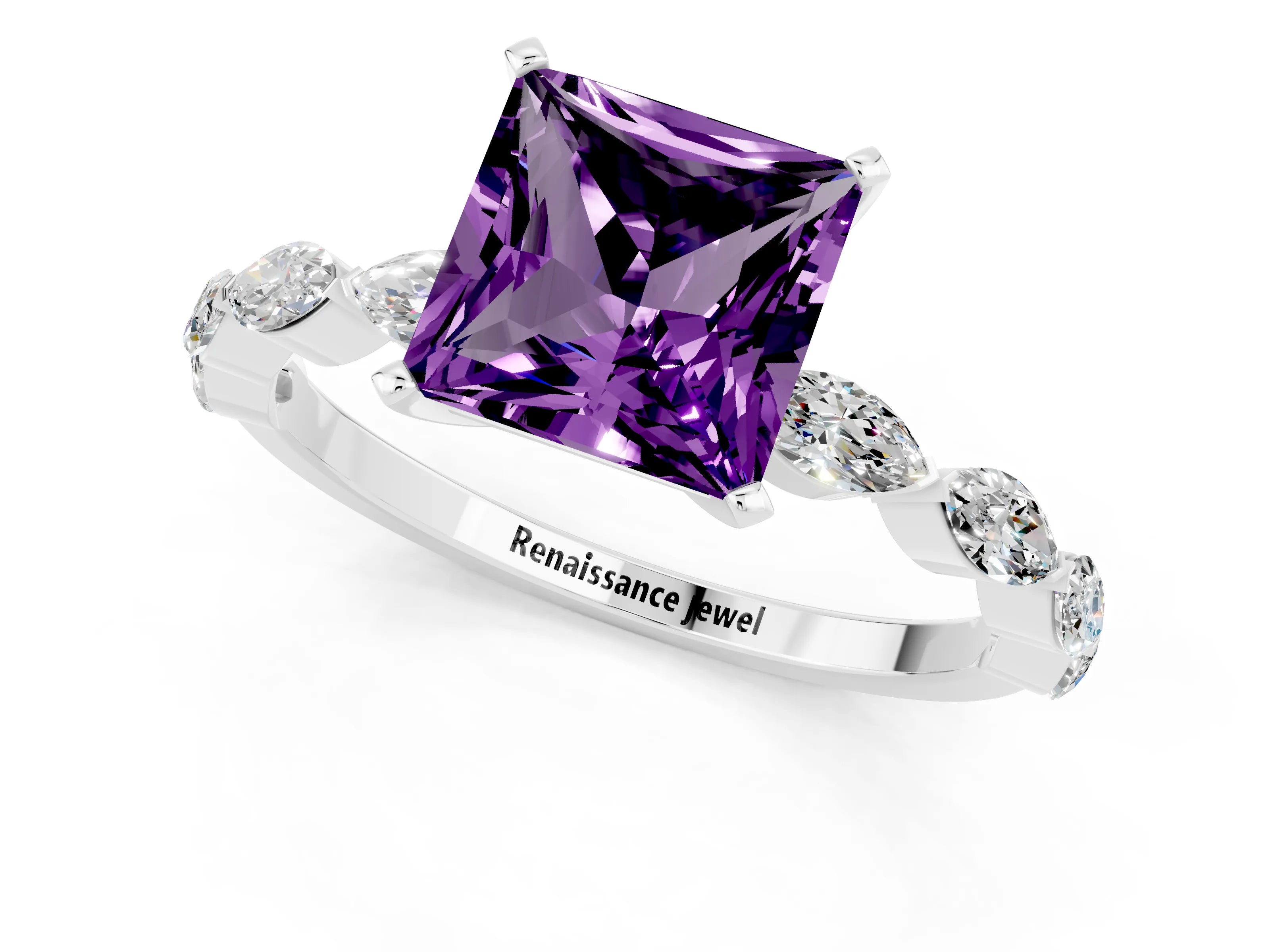 White gold Princess Cut Amethyst Ring with Marquise Side Stones and Prong Setting_1