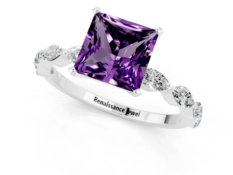 White gold Princess Cut Amethyst Ring with Marquise Side Stones and Prong Setting_1