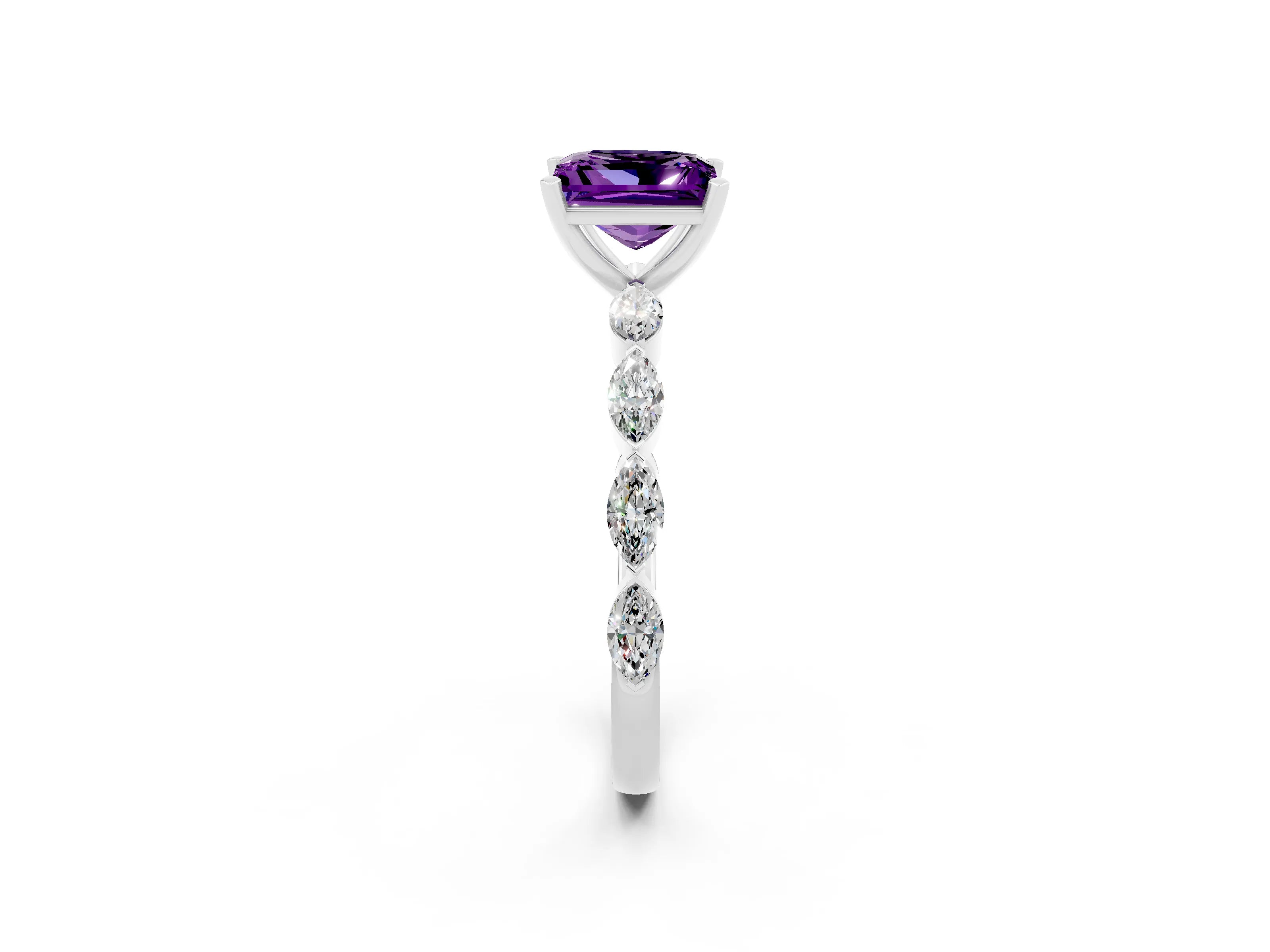 White gold Princess Cut Amethyst Ring with Marquise Side Stones and Prong Setting_2