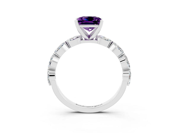 Silver Princess Cut Amethyst Ring with Marquise Side Stones and Prong Setting