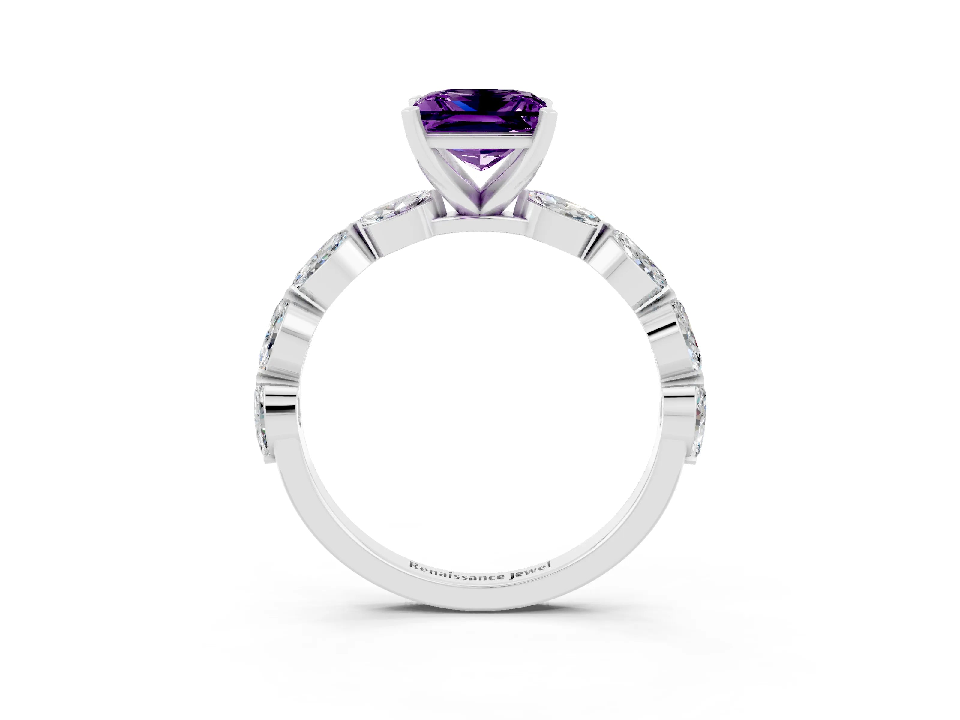 White gold Princess Cut Amethyst Ring with Marquise Side Stones and Prong Setting_3