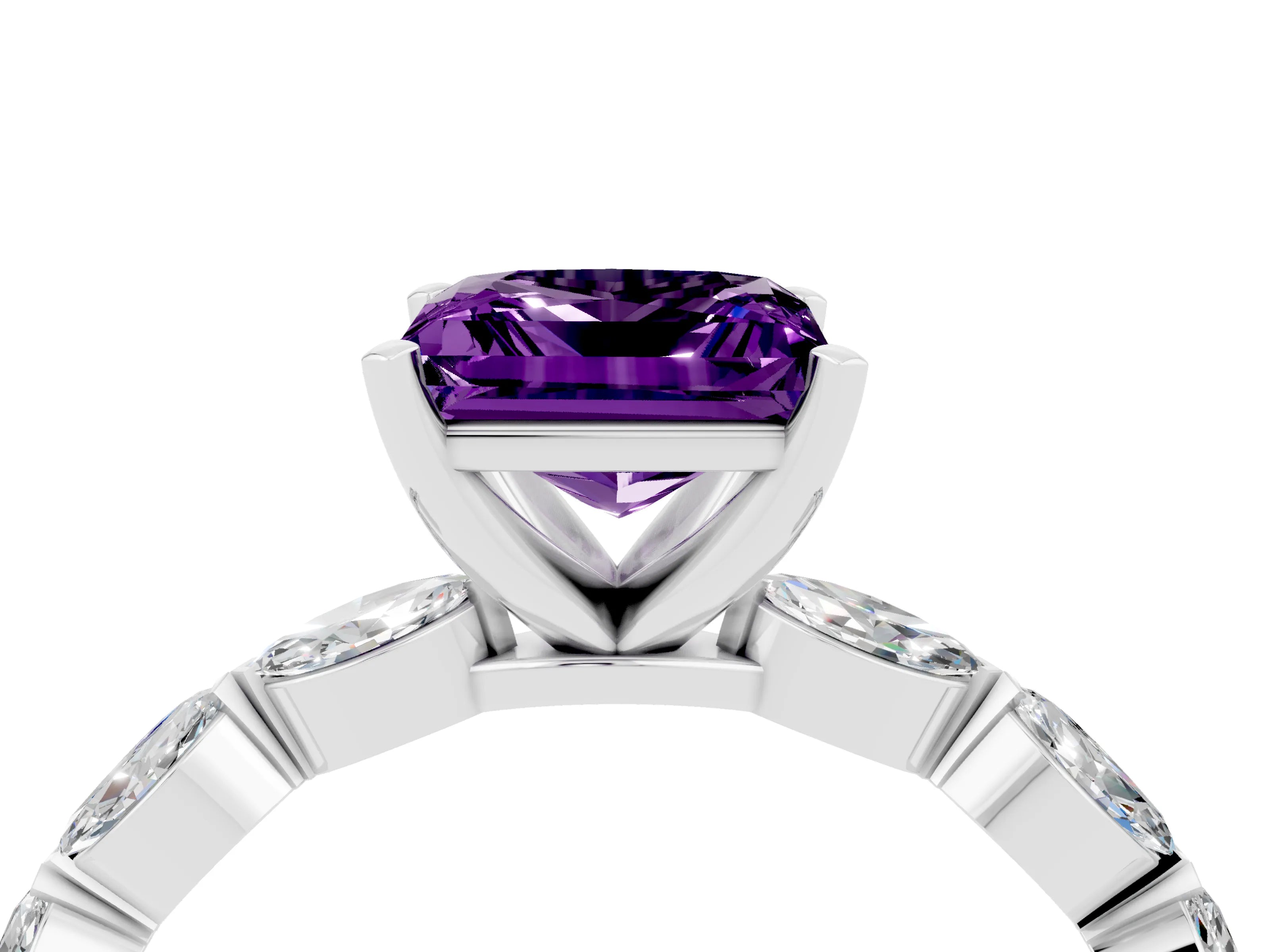 White gold Princess Cut Amethyst Ring with Marquise Side Stones and Prong Setting_4