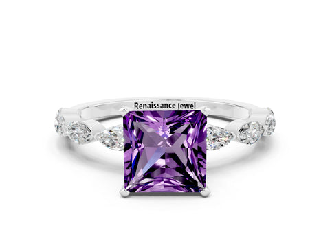 White gold Princess Cut Amethyst Ring with Marquise Side Stones and Prong Setting