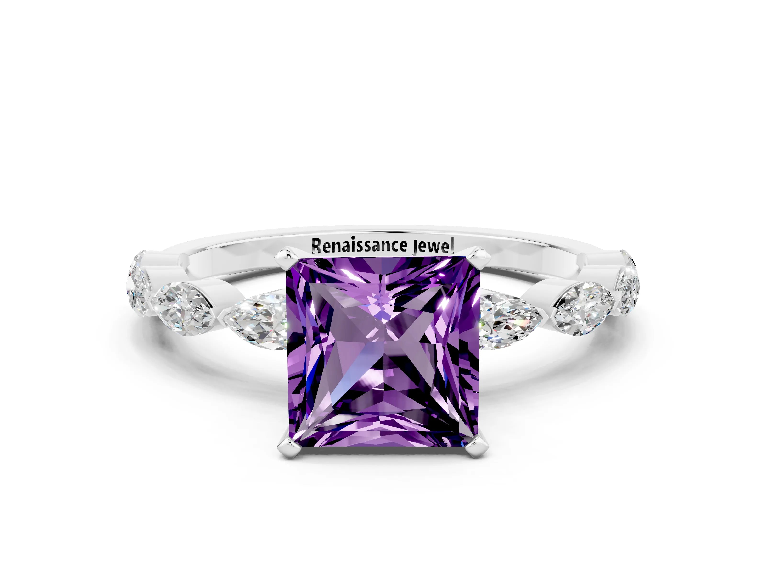 White gold Princess Cut Amethyst Ring with Marquise Side Stones and Prong Setting
