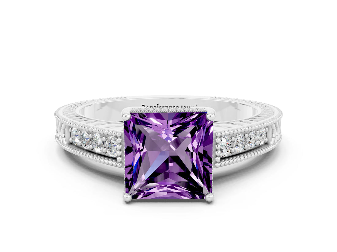 White gold Princess Cut Amethyst Ring with Milgrain Pavé Band and Four-Prong Setting_12
