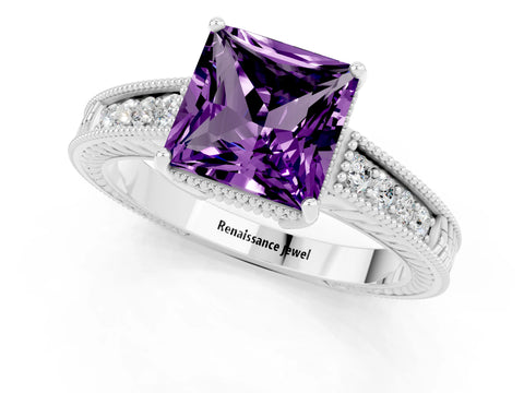 White gold Princess Cut Amethyst Ring with Milgrain Pavé Band and Four-Prong Setting_13