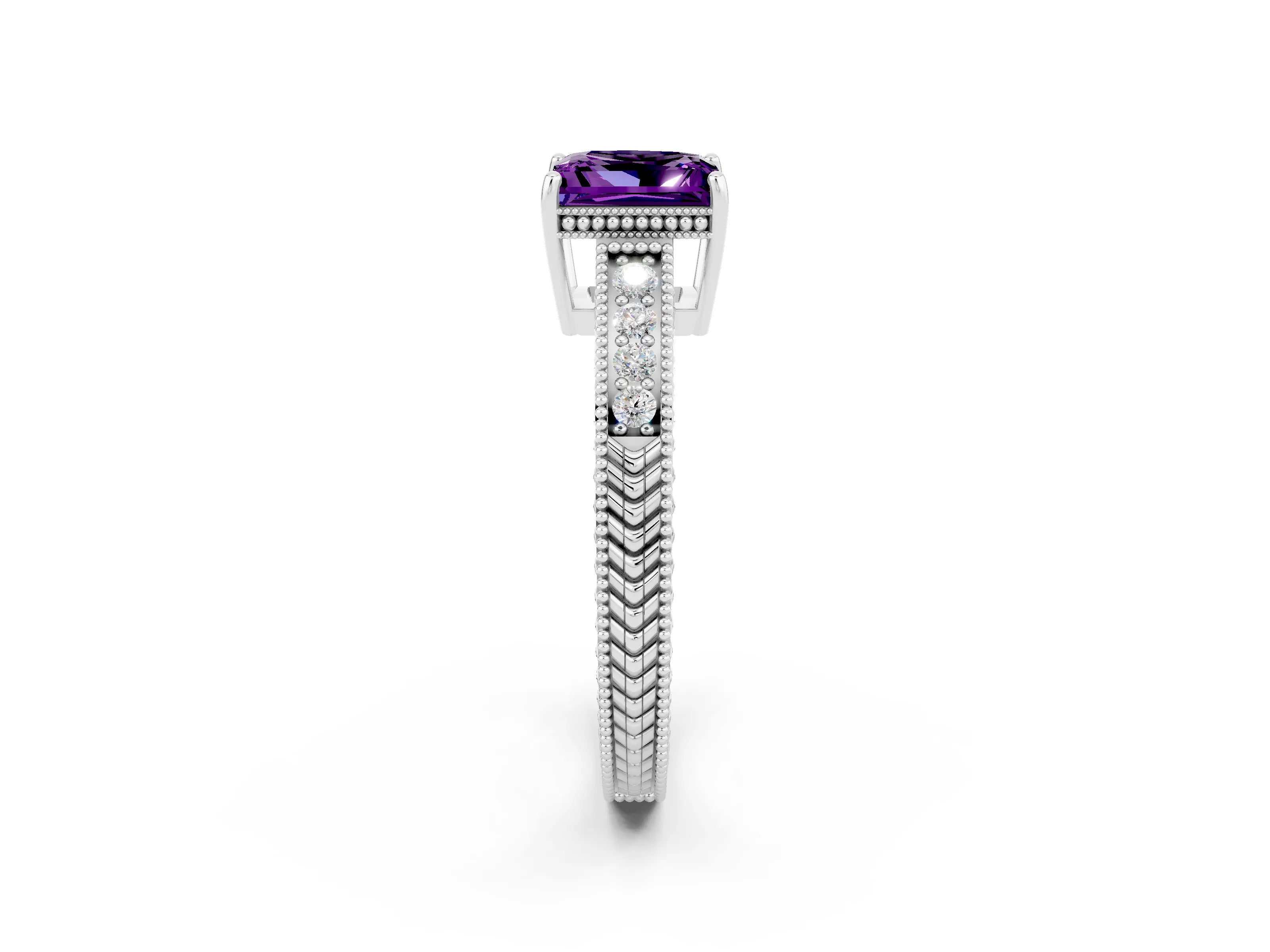 White gold Princess Cut Amethyst Ring with Milgrain Pavé Band and Four-Prong Setting_14