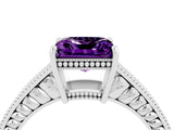 White gold Princess Cut Amethyst Ring with Milgrain Pavé Band and Four-Prong Setting_16
