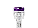 White gold Princess Cut Amethyst Ring with Milgrain Pavé Band and Four-Prong Setting_17