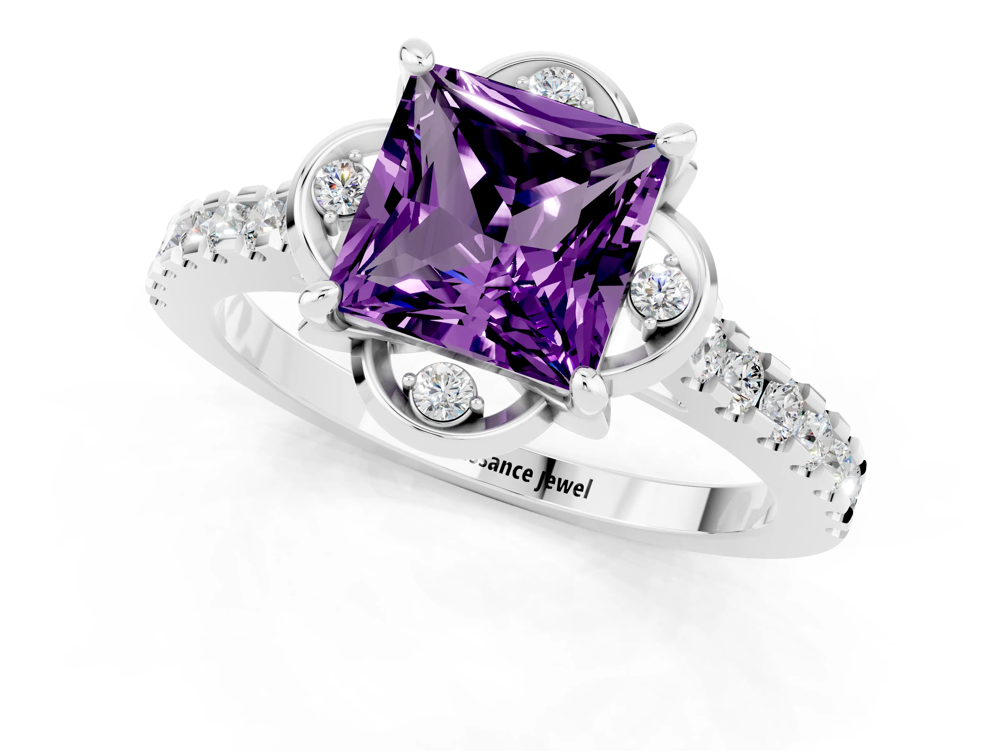 White gold Princess Cut Amethyst Ring with Pavé Band and Floral Prong Setting_1