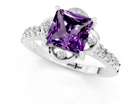 White gold Princess Cut Amethyst Ring with Pavé Band and Floral Prong Setting_1