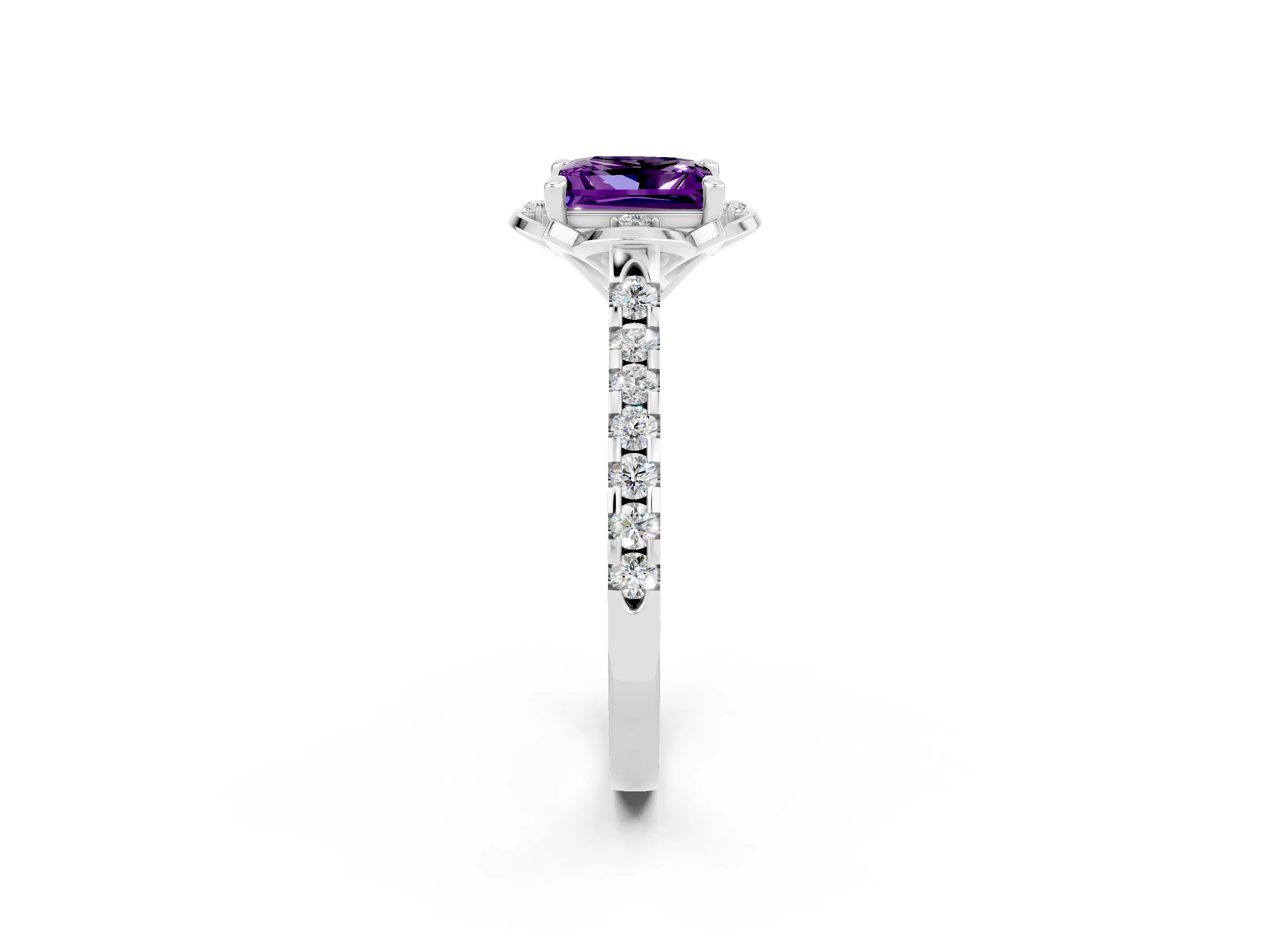 White gold Princess Cut Amethyst Ring with Pavé Band and Floral Prong Setting_2