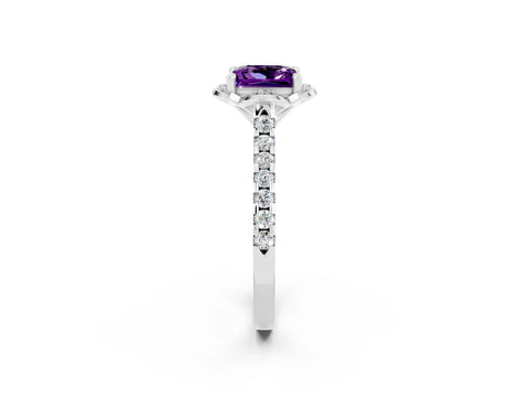 White gold Princess Cut Amethyst Ring with Pavé Band and Floral Prong Setting_2