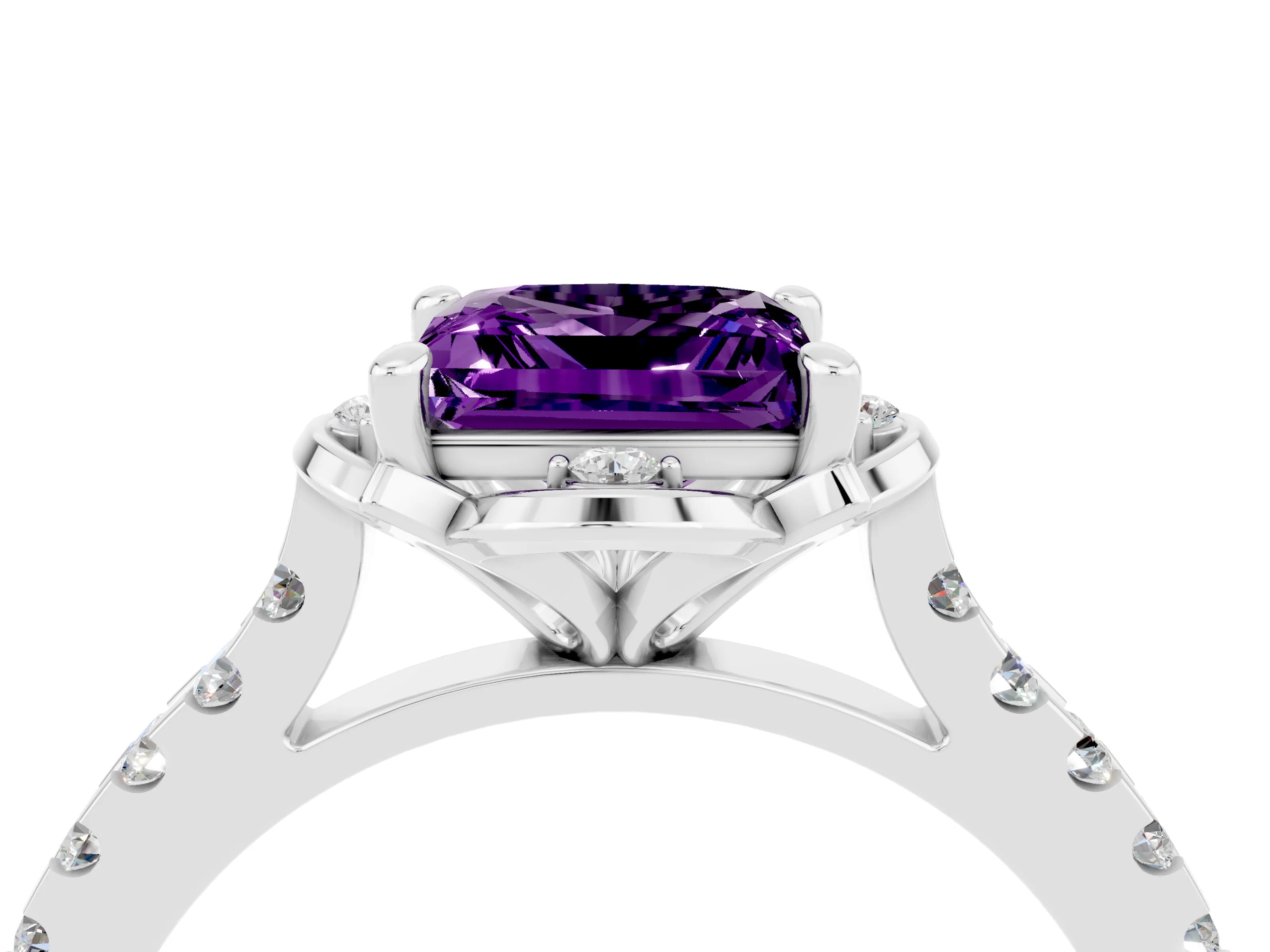 White gold Princess Cut Amethyst Ring with Pavé Band and Floral Prong Setting_4